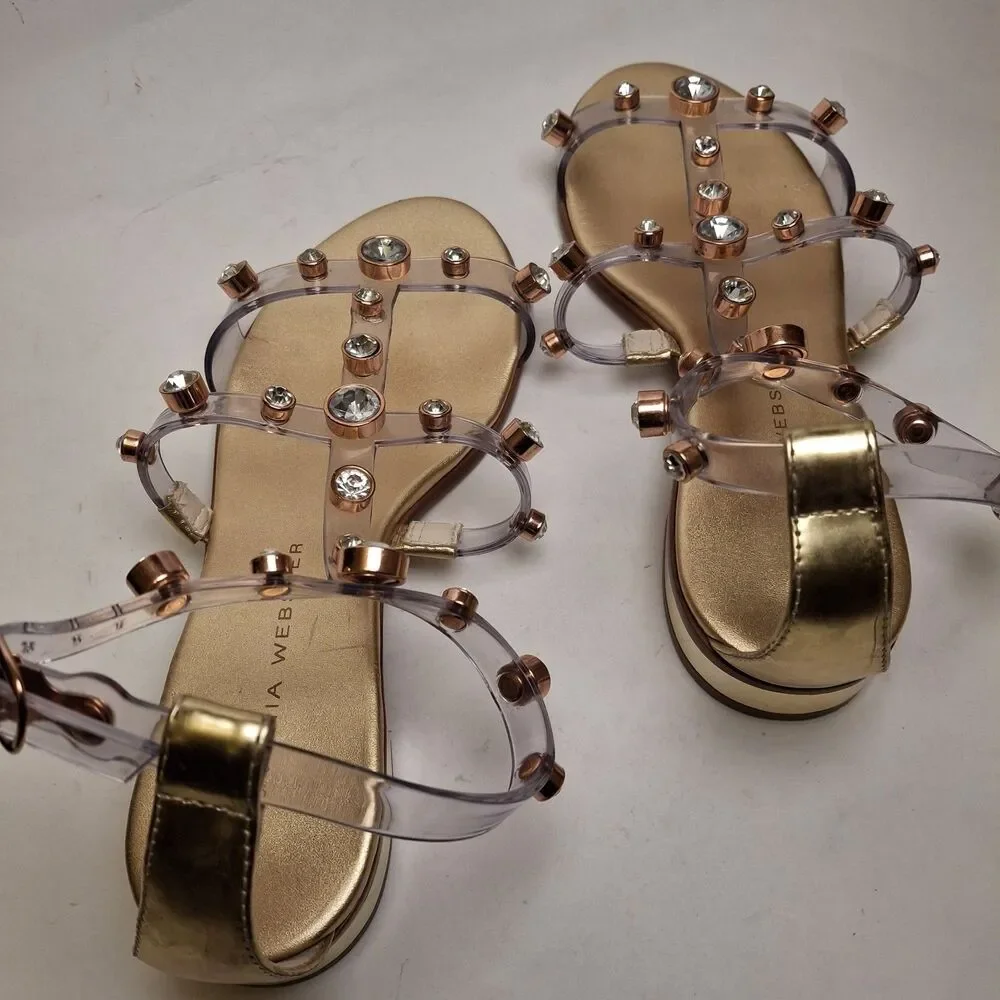 Sophia Webster Gold Dina Flat Sandal Women US5.5/ 36 Gem Studded Summer Vacation